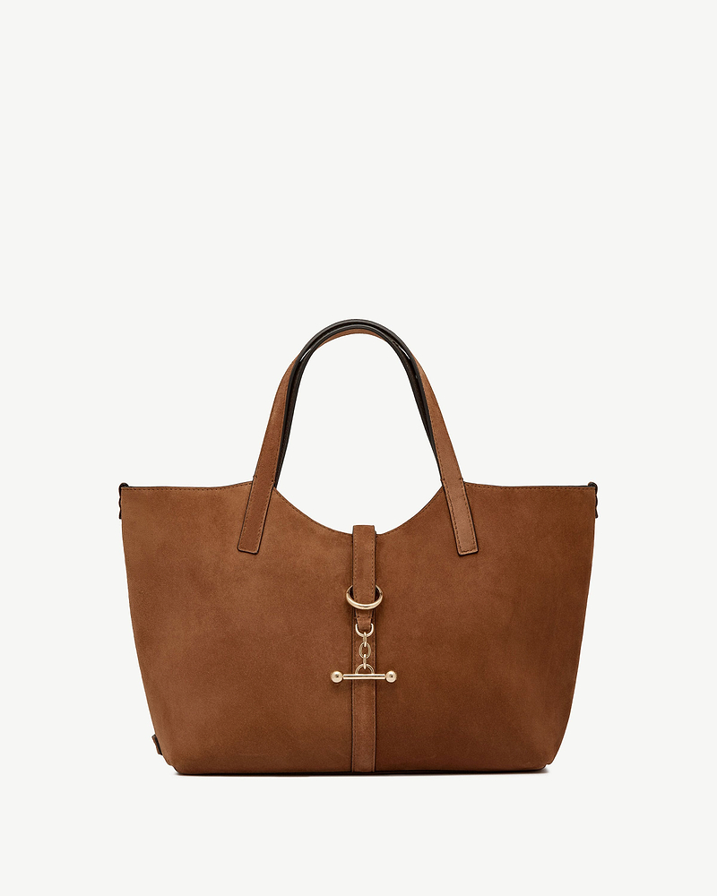 Tan suede Kite Tote Midi with two top handles and gold T-bar chain detail.