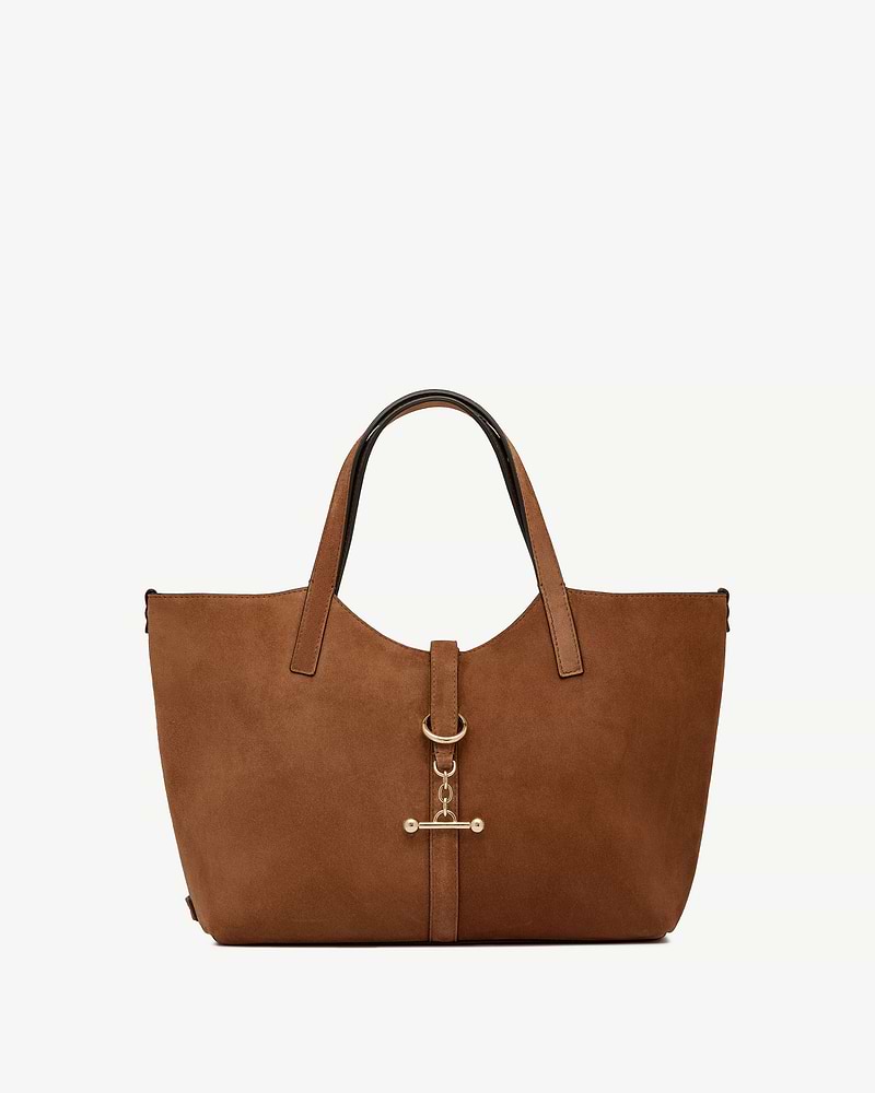 Tan suede Kite Tote Midi with two top handles and gold T-bar chain detail.