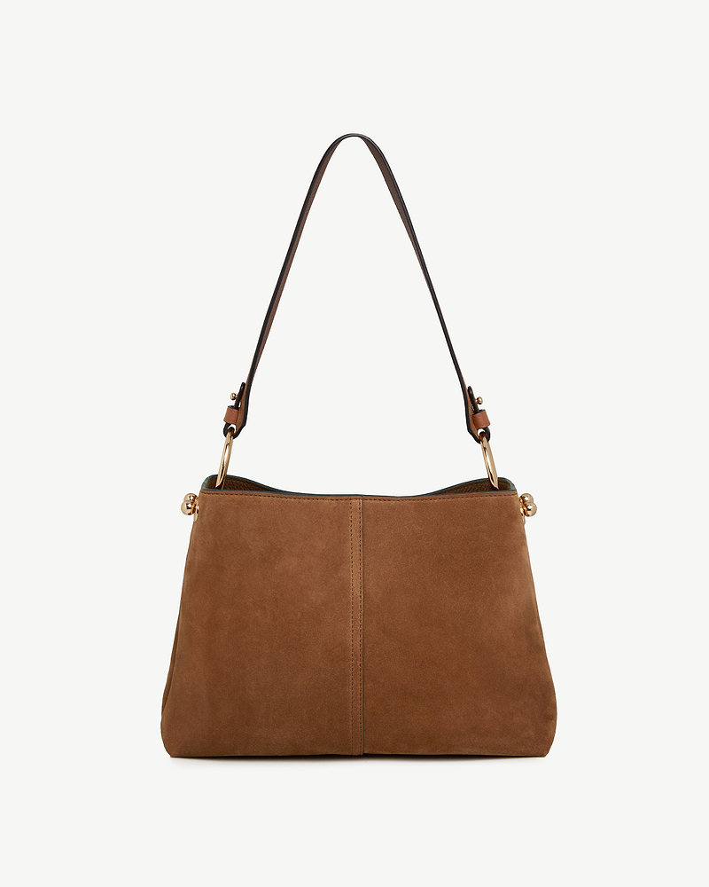 Tan suede Lana hobo bag with single shoulder strap and gold hardware.