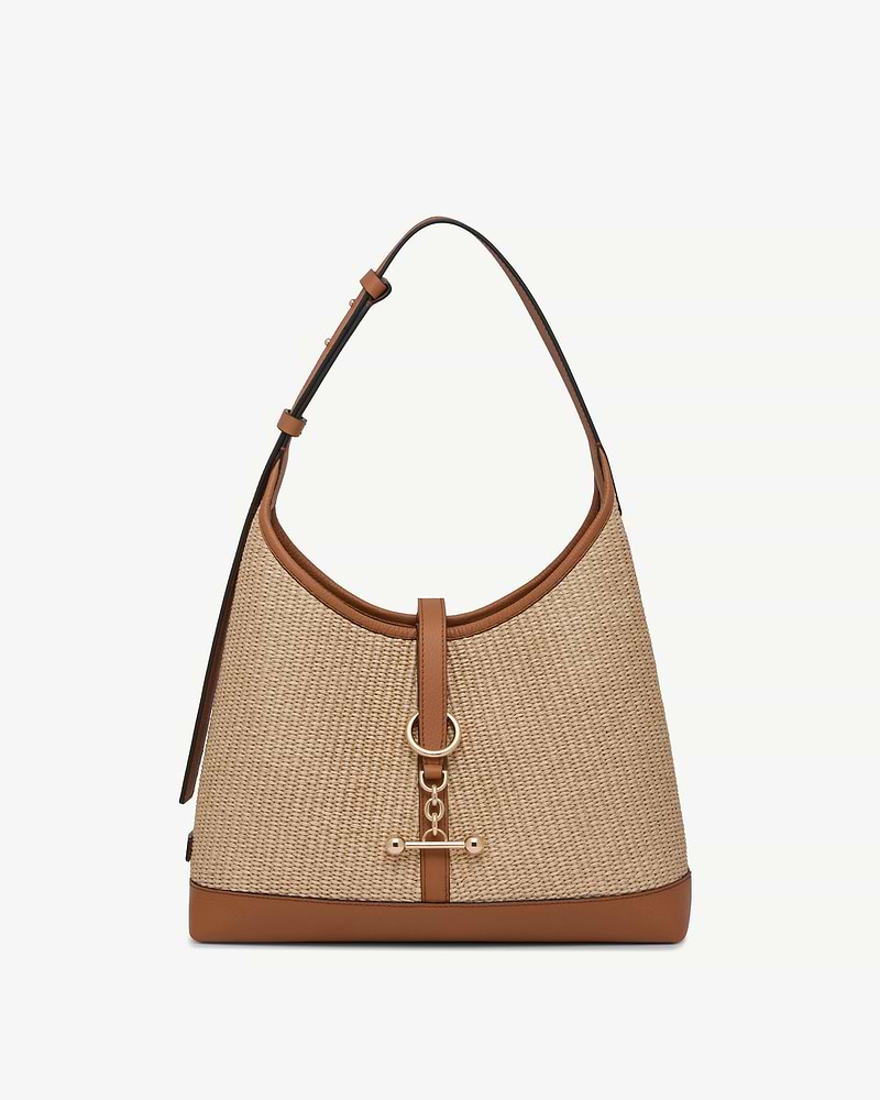 Tan and natural raffia kite hobo bag with tan leather trim and gold hardware.
