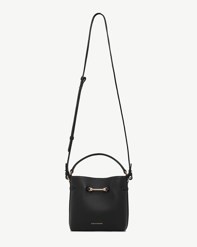 Black Corda Bucket Mini bag with top handle, adjustable strap, gold bar and Strathberry logo