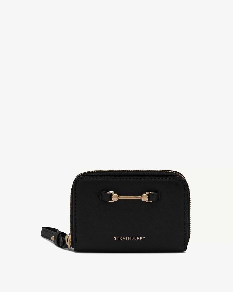 Black Strathberry Corda zip-around wallet with gold bar hardware and wrist strap
