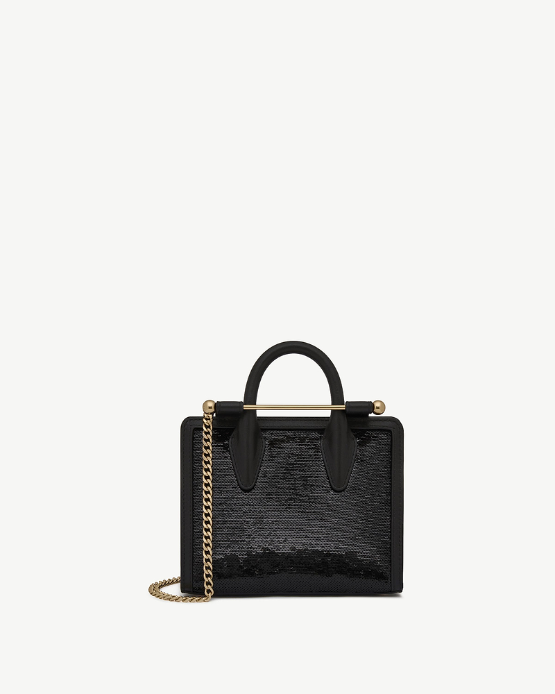 Black sequinned nano tote with top handles and gold chain strap.