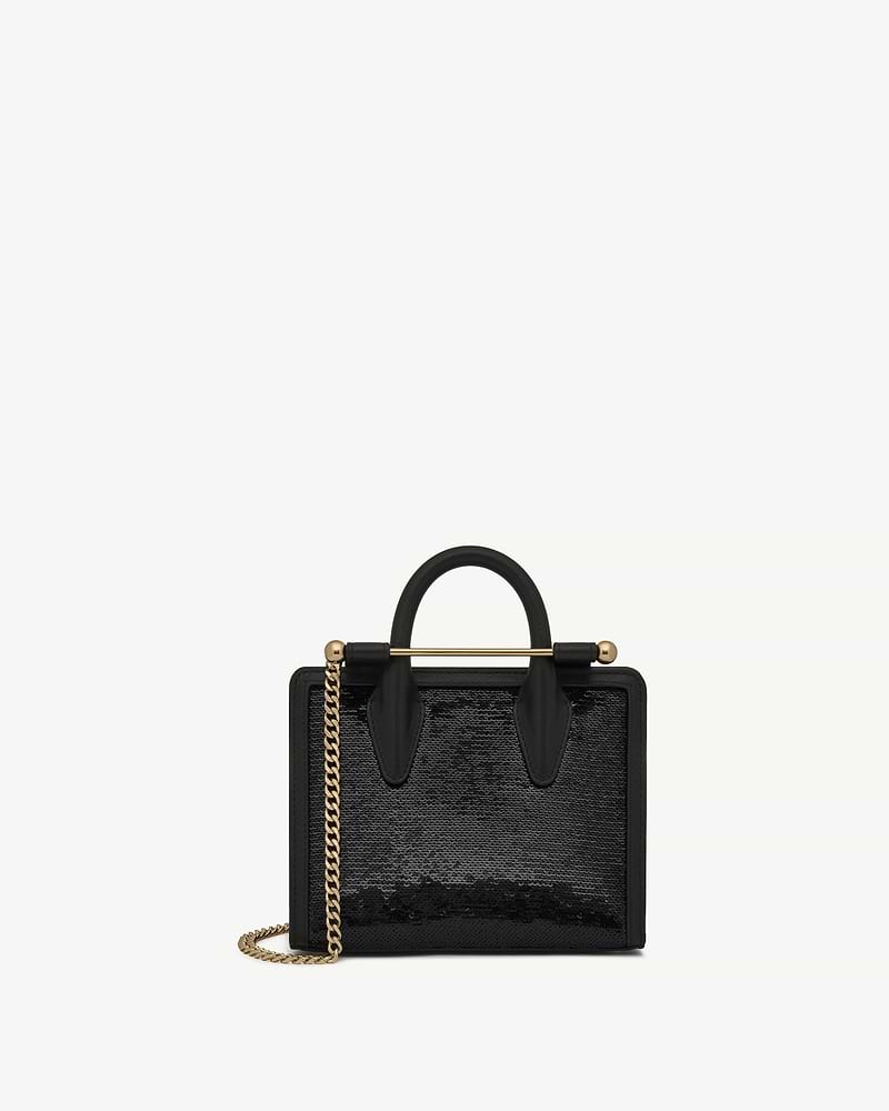 Black sequinned nano tote with top handles and gold chain strap.