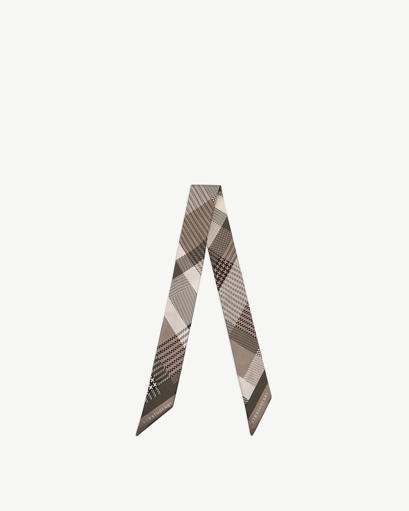 Green tartan silk skinny scarf with Strathberry wordmark at the tips.
