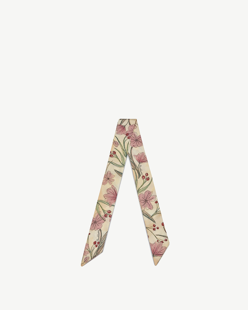 Butter yellow silk skinny scarf with pink floral and berry print