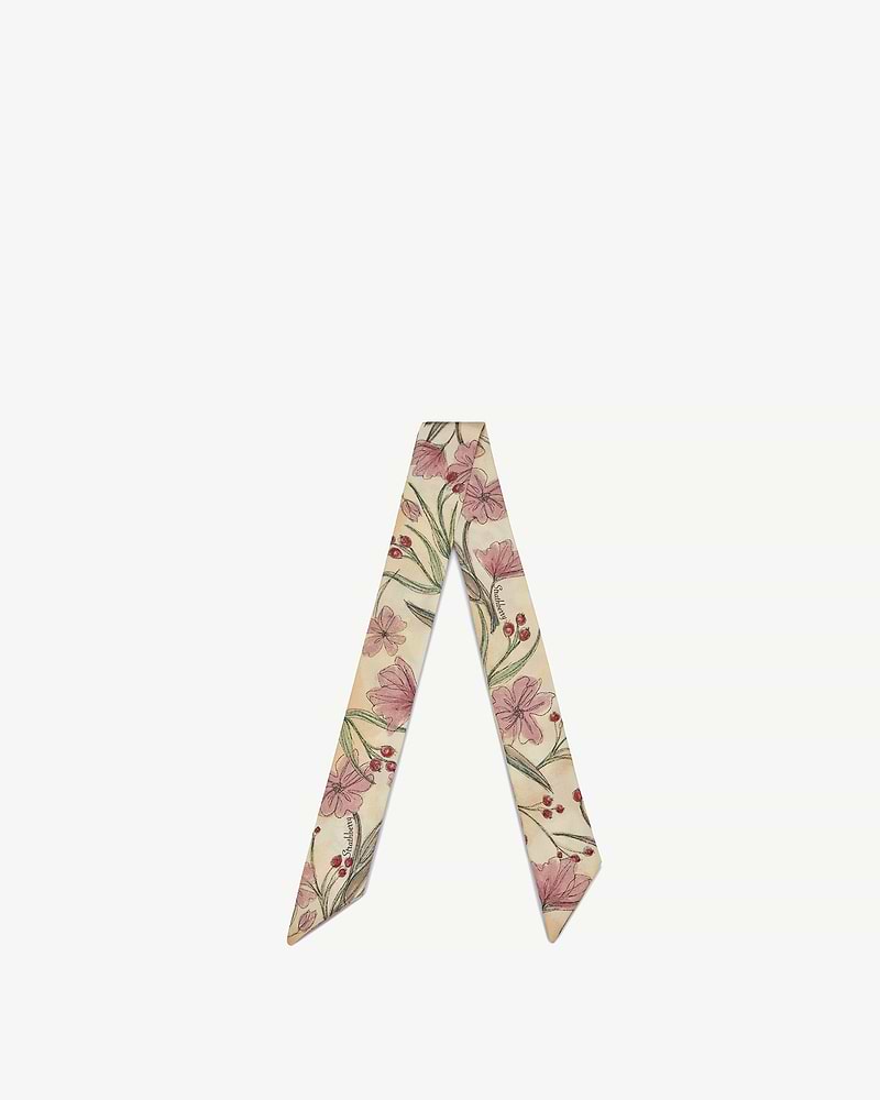 Butter yellow silk skinny scarf with pink floral and berry print