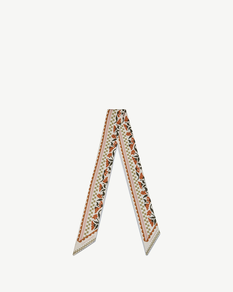 Strathberry silk skinny scarf in vanilla with red gingham stripe.