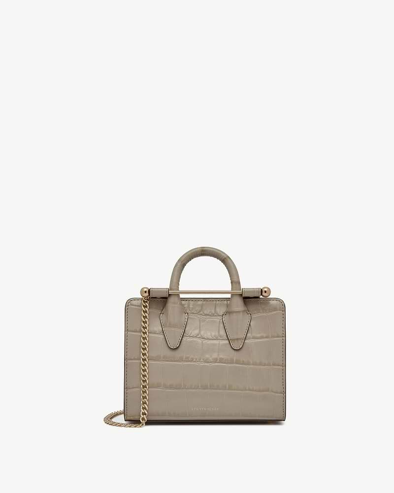 Strathberry nano tote in croc-embossed taupe with top handles and gold chain