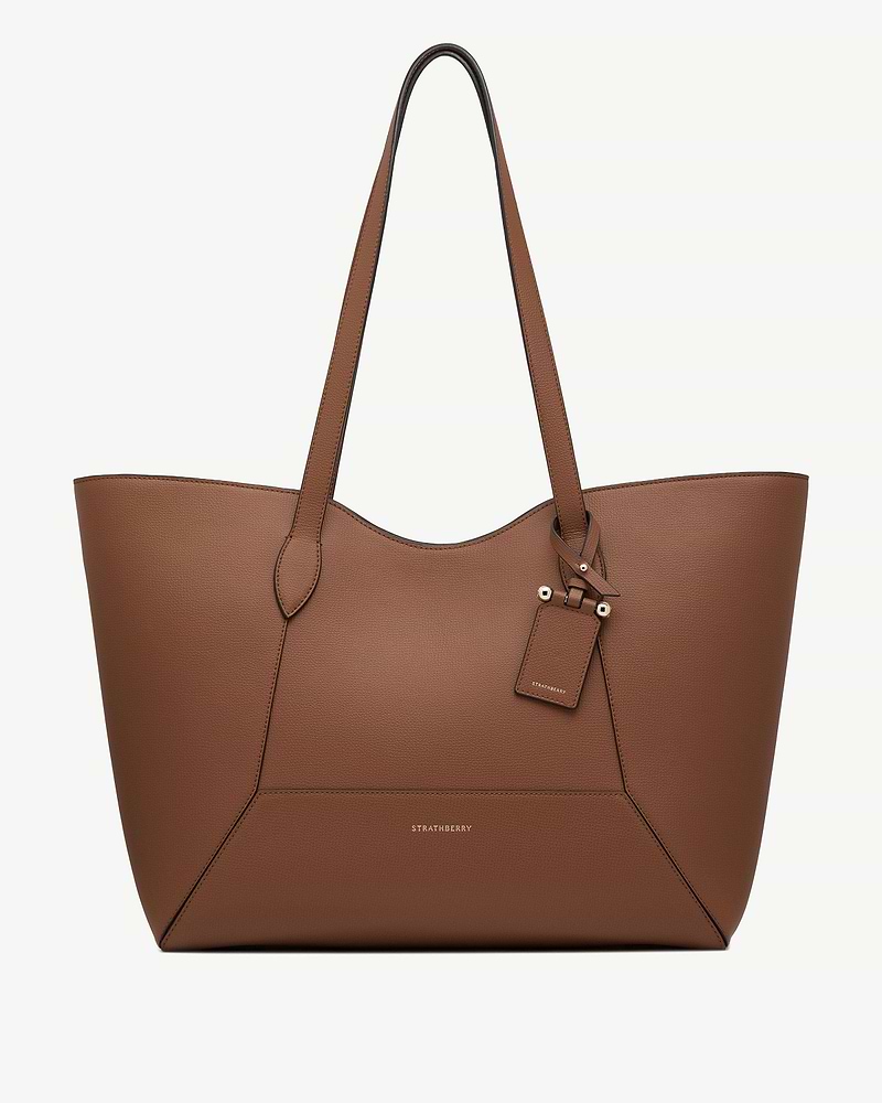 Strathberry Mosaic Cabas tote in hazelnut leather, front view with handles.