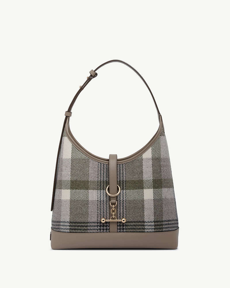 Tartan-patterned kite hobo bag with taupe leather trim and gold ring hardware.