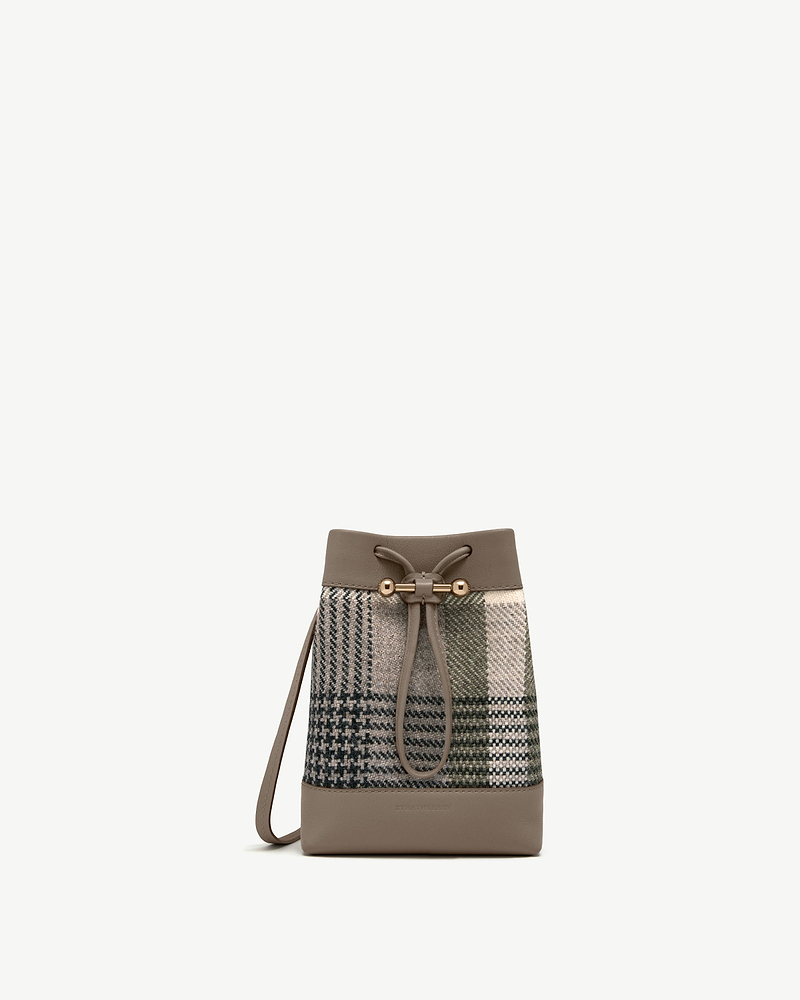 Strathberry tartan midi pouch with taupe leather trim and drawstring