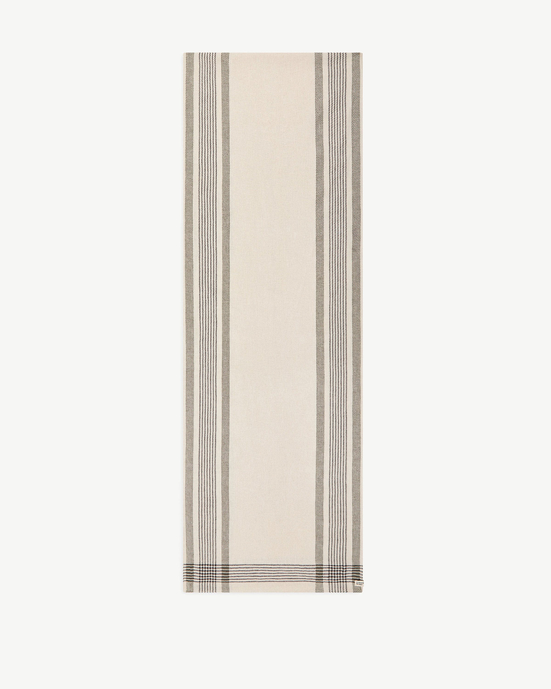 Strathberry tartan table runner, cream base with brown striped borders.