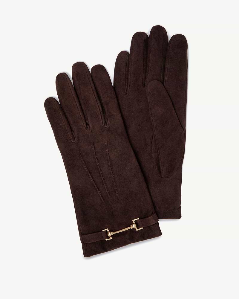 Pair of chocolate suede gloves with gold metal bit detail at the cuffs.