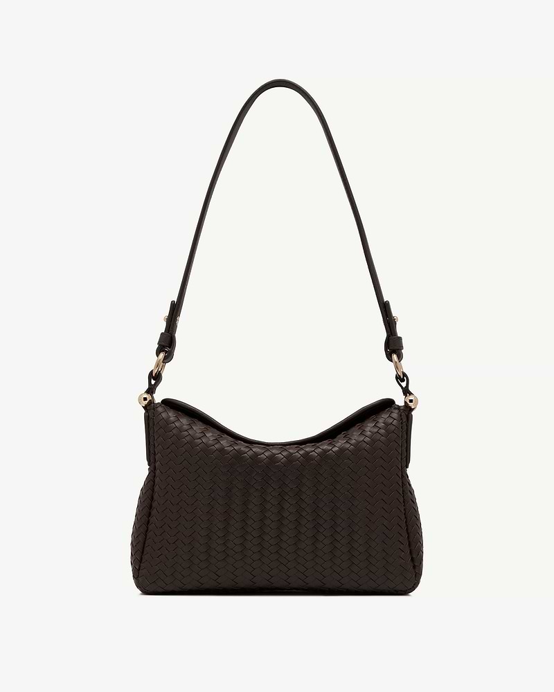 Chocolate woven leather shoulder bag with single top strap and curved opening.
