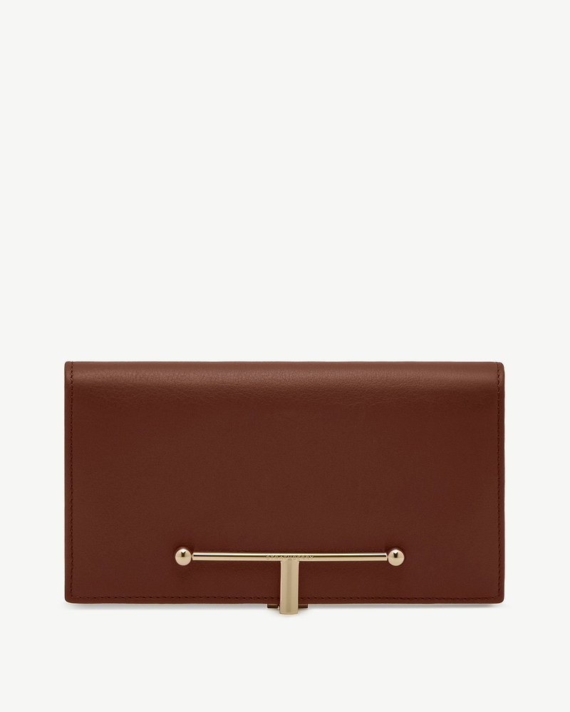 Walnut large leather wallet with gold T-bar closure engraved Strathberry