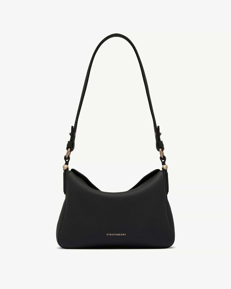 Black Strathberry Sway shoulder bag with single strap and gold logo.