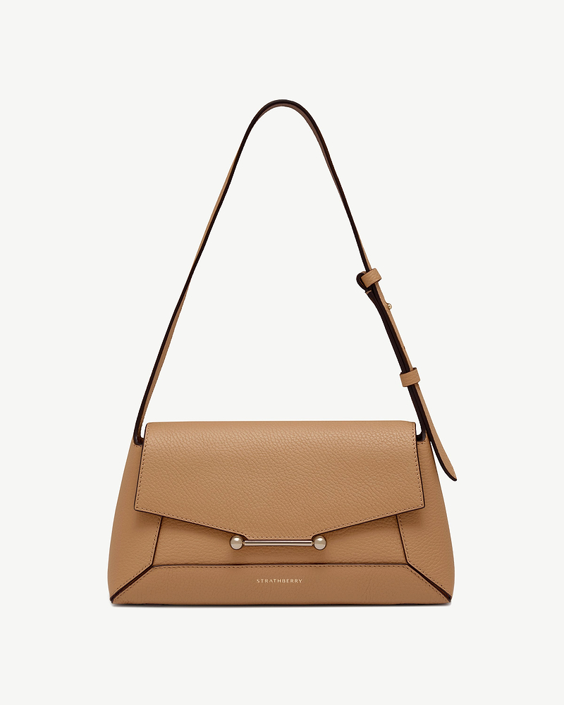 Caramel shoulder bag with flap, metal bar detail and adjustable strap, Strathberry