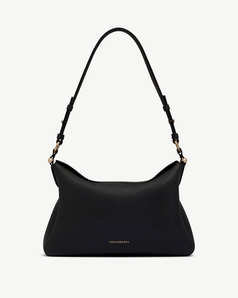Black Strathberry Sway Maxi leather shoulder bag with adjustable strap and gold hardware
