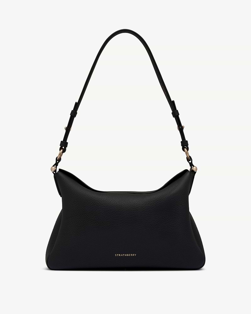 Black Strathberry Sway Maxi leather shoulder bag with adjustable strap and gold hardware