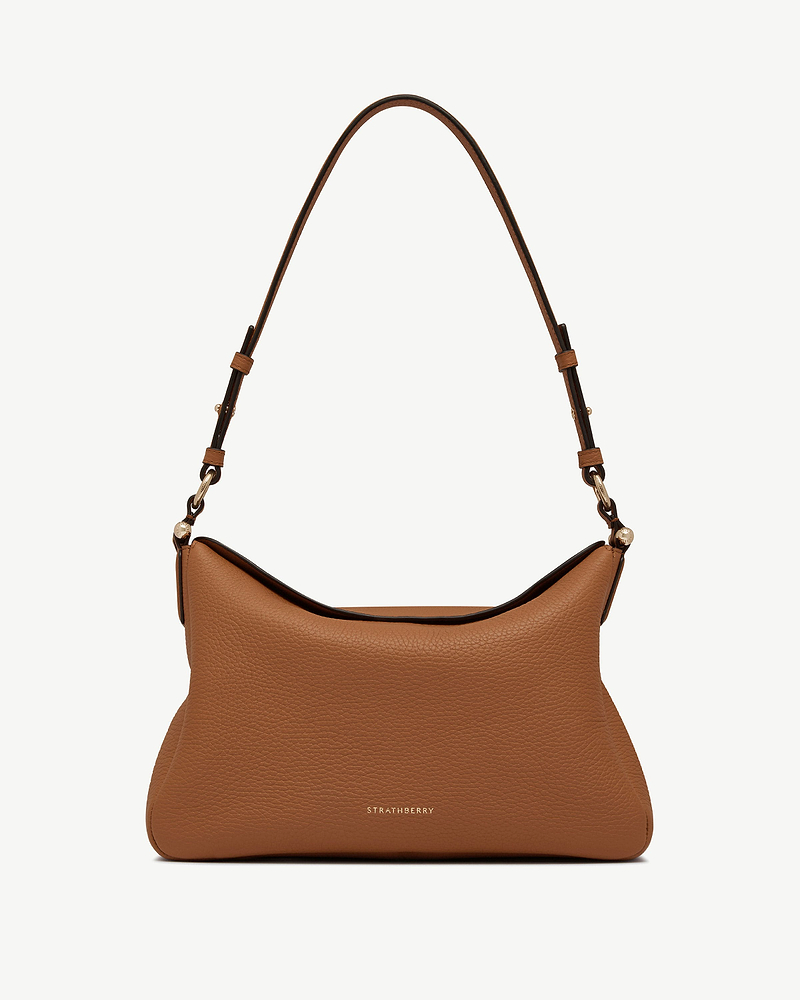 Tan leather Strathberry Sway Maxi shoulder bag with single top strap.