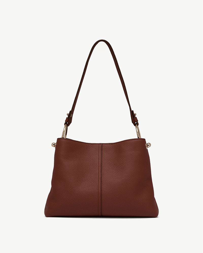 Walnut hobo bag in pebbled leather with shoulder strap and gold rings