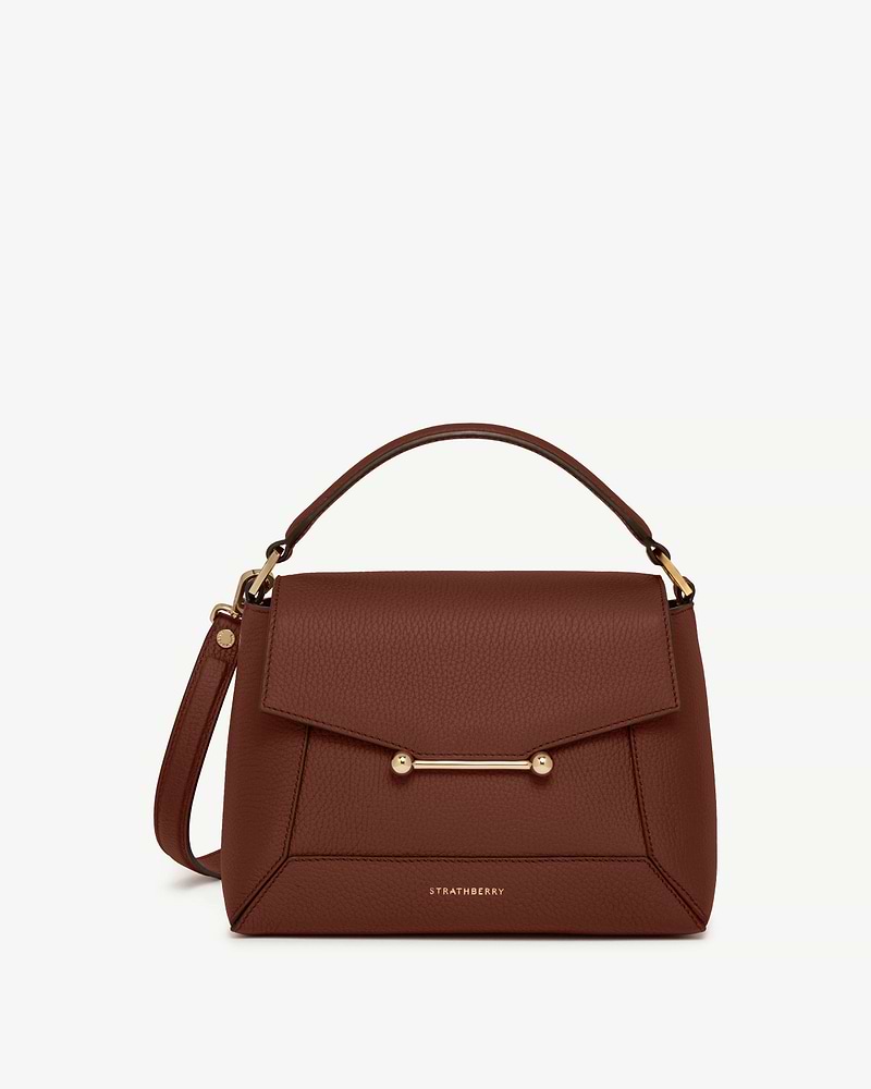 Strathberry mosaic bag in walnut with top handle and gold hardware