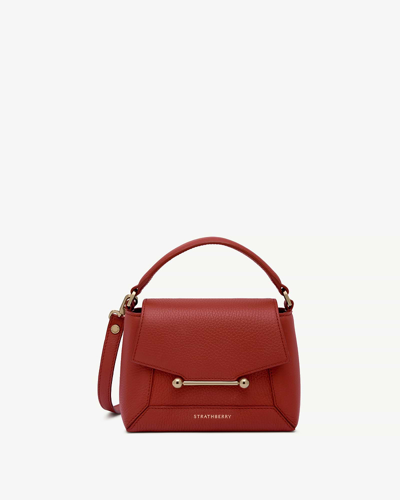 Levanto red Mosaic Nano bag with top handle and gold bar, Strathberry.
