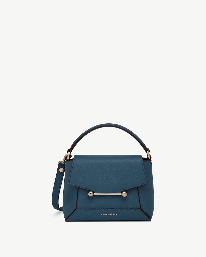 Strathberry Mosaic Nano bag in Loch Blue with top handle and shoulder strap