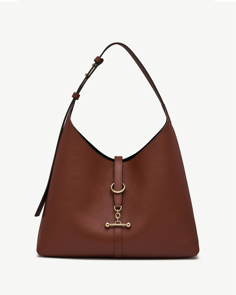 Walnut leather hobo bag with single shoulder strap and gold toggle closure.