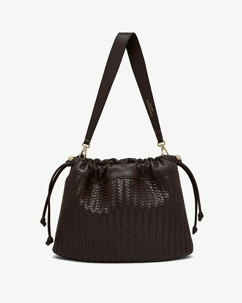 Strathberry Charlotte midi drawstring bag in chocolate woven leather with shoulder strap