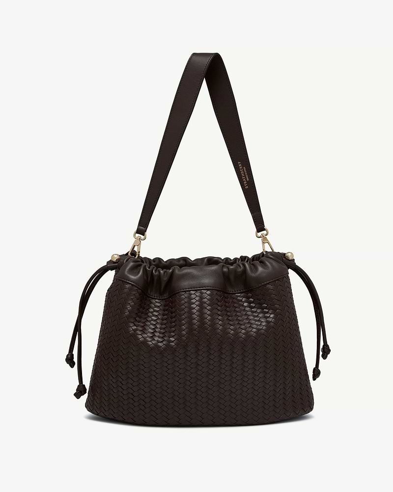 Strathberry Charlotte midi drawstring bag in chocolate woven leather with shoulder strap