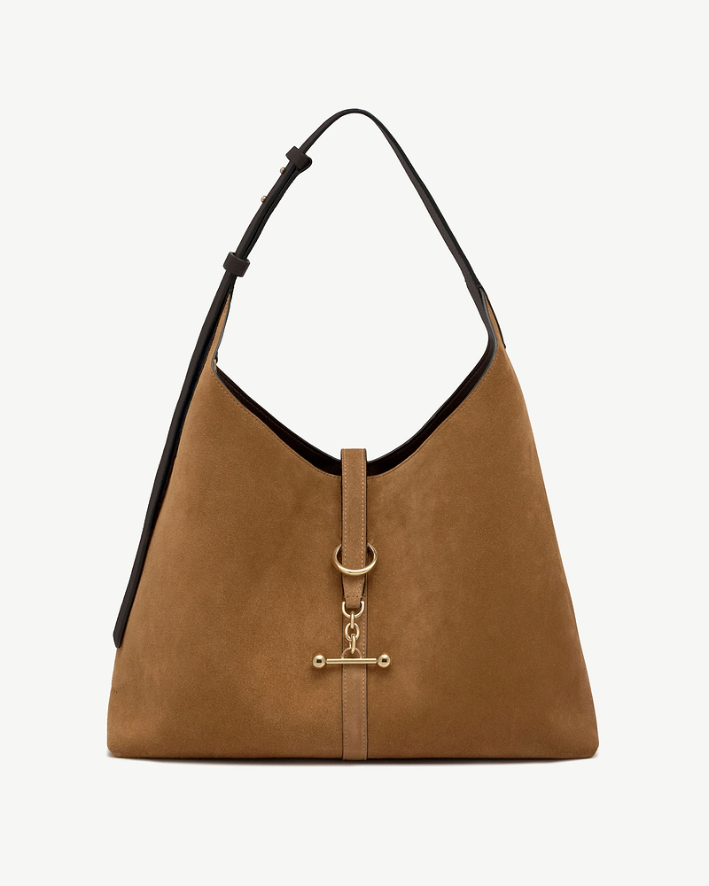 Toffee suede hobo bag with espresso leather strap and gold ring hardware.