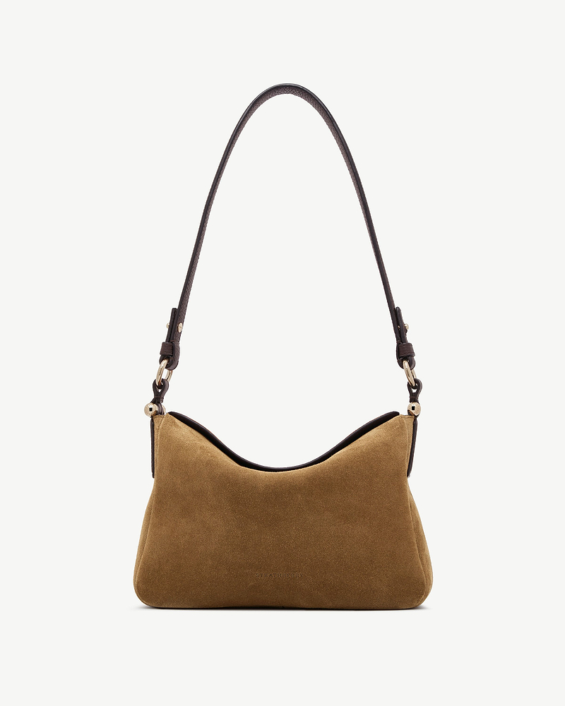Toffee suede Sway shoulder bag with espresso leather strap and gold hardware, Strathberry logo.