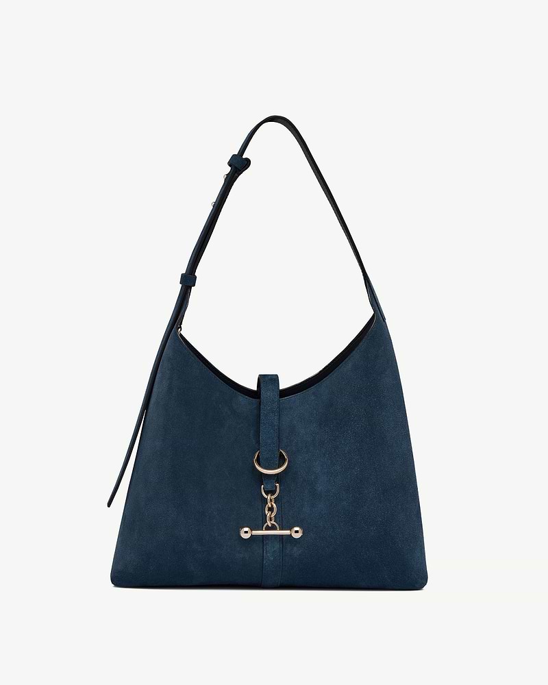 Kite hobo bag in loch blue suede with gold-tone ring and chain detail.