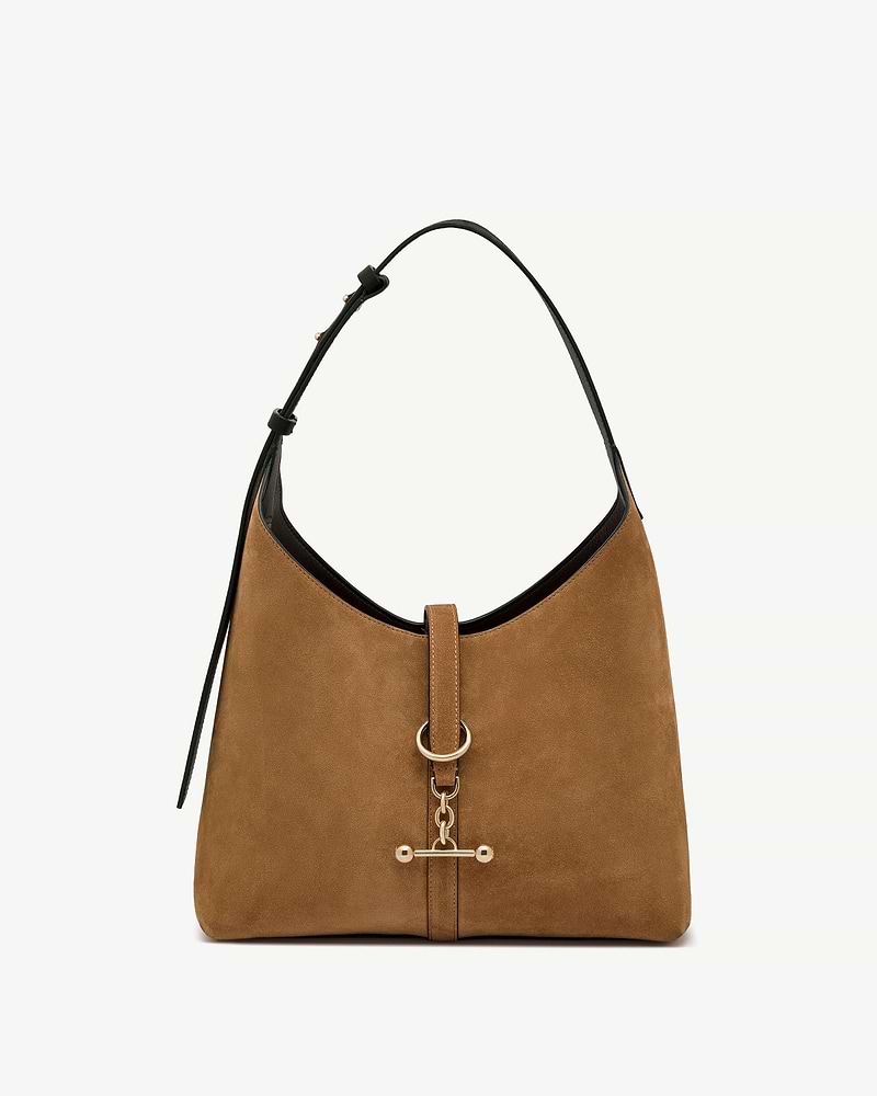 Toffee suede hobo bag with espresso leather strap and gold ring toggle hardware.