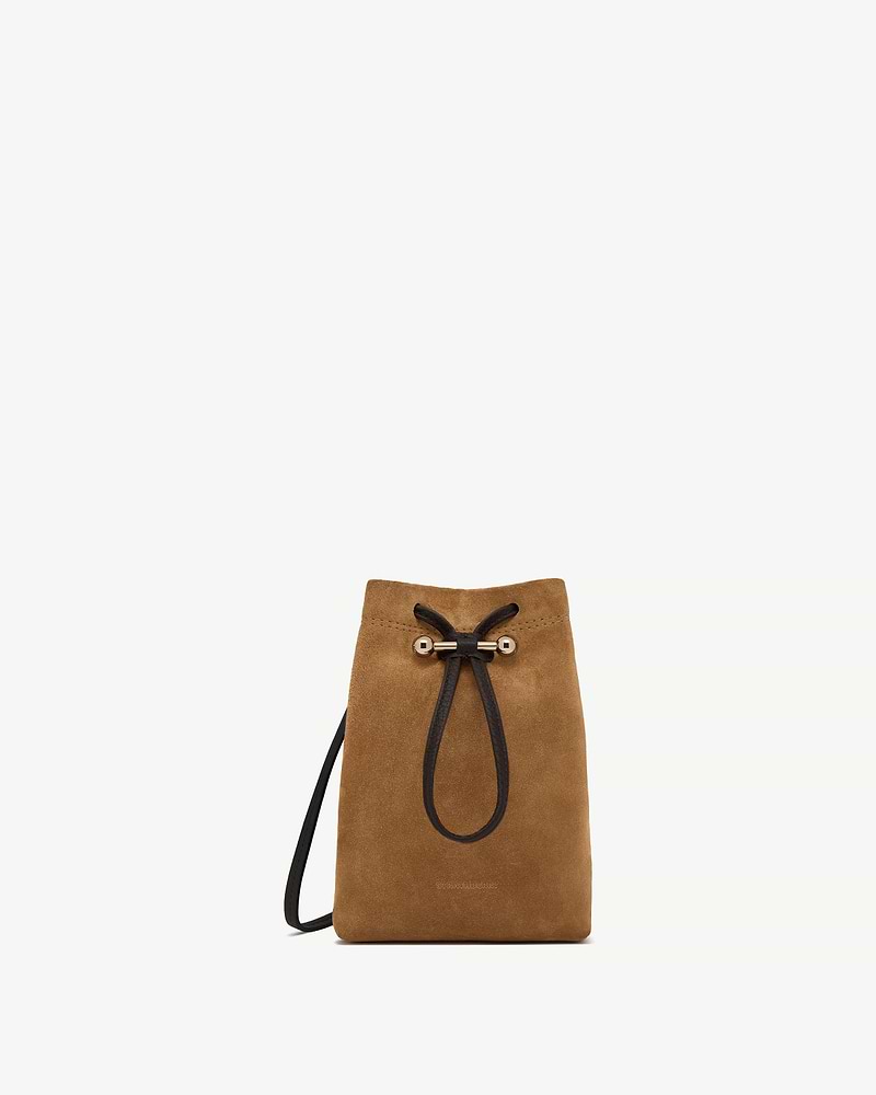 Strathberry Osette midi suede pouch in toffee with espresso drawstring strap
