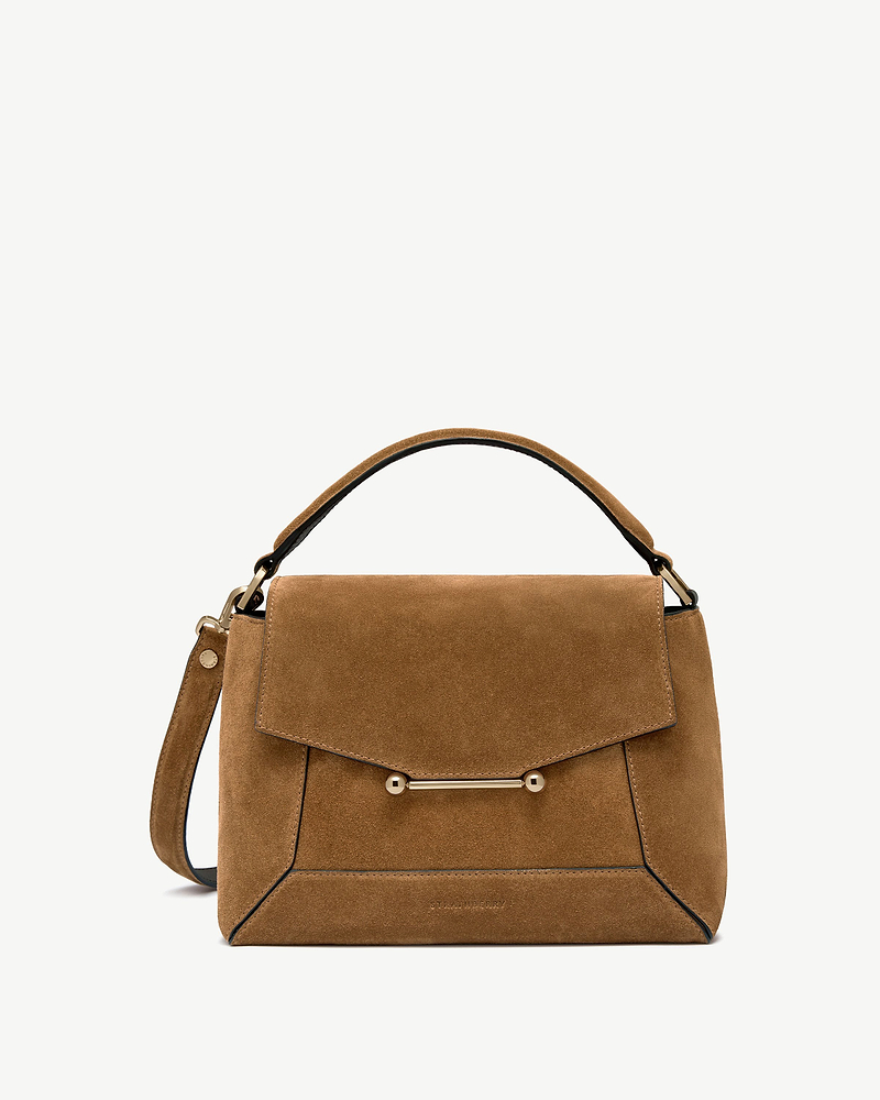 Strathberry Mosaic shoulder bag in toffee suede with espresso trim and gold hardware.