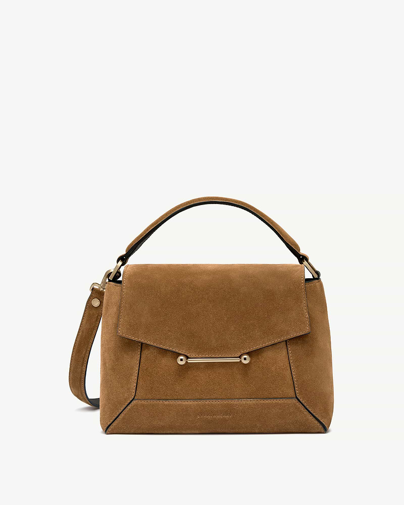 Strathberry Mosaic shoulder bag in toffee suede with espresso trim and gold hardware.