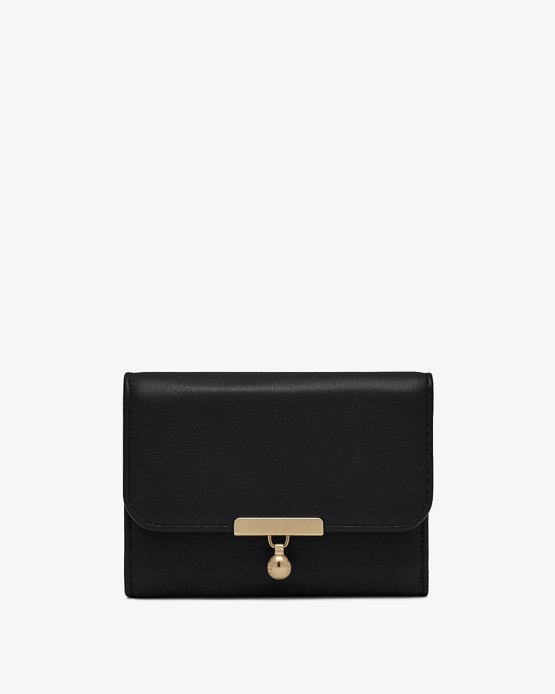 Black Strathberry Nocturn trifold wallet with gold T-bar clasp and charm