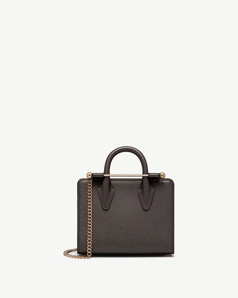 Strathberry nano tote in metallic anthracite caviar leather with gold chain strap