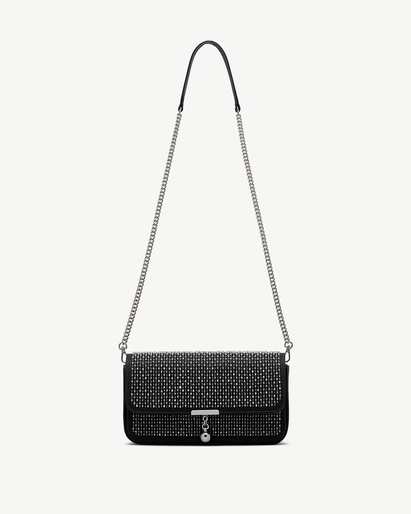 Black embroidered satin clutch with silver chain strap, front metal bar and charm.