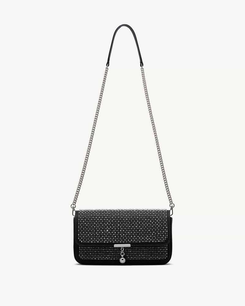 Black embroidered satin clutch with silver chain strap, front metal bar and charm.