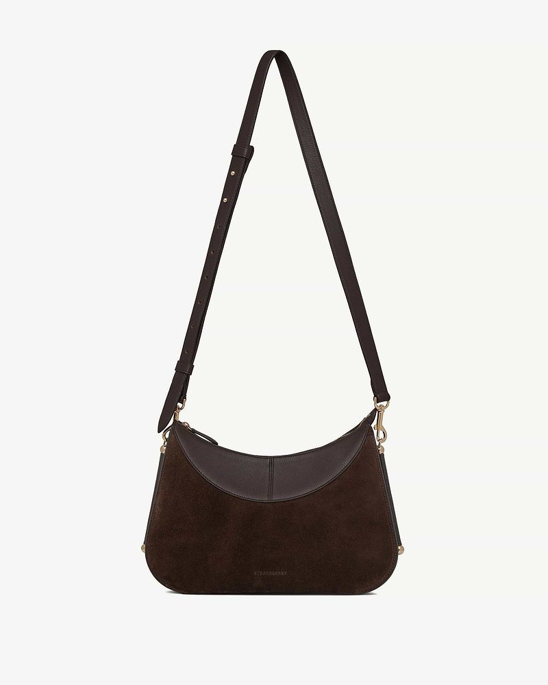 Strathberry Nest Shoulder bag in espresso suede with adjustable leather strap.