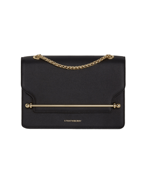 Black Strathberry East/West bag with gold chain and bar hardware.