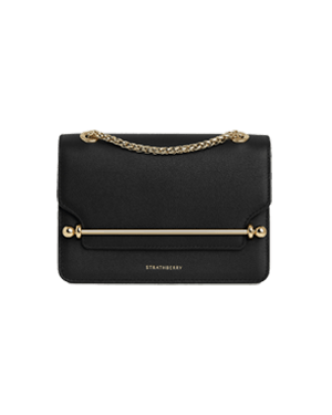 Strathberry East West Mini black leather shoulder bag with gold bar and chain strap