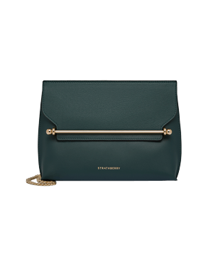 Bottle green Strathberry Stylist bag with gold bar detail and chain strap.