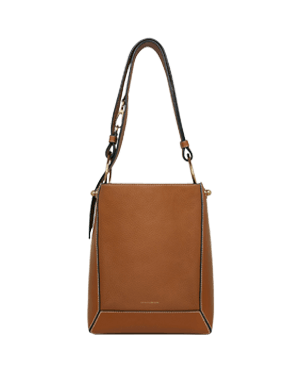 Tan leather midi bucket bag with vanilla contrast stitching and adjustable shoulder strap