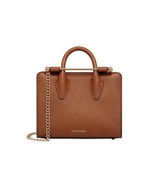 Chestnut Nano Tote with top handles, gold chain shoulder strap, Strathberry logo.