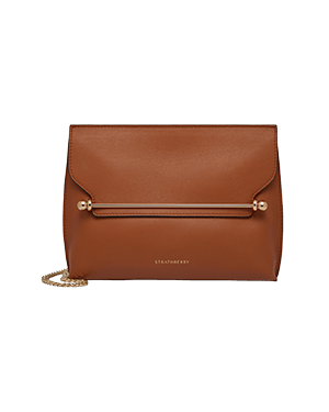 Chestnut Strathberry Stylist bag with front metal bar and gold chain strap.